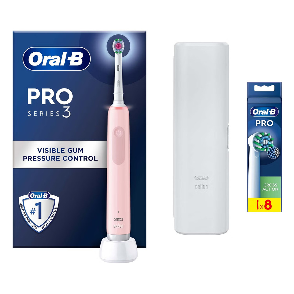 Oral-B Pro 3500 3D Cross Action White Pink Electric Toothbrush with Travel Case